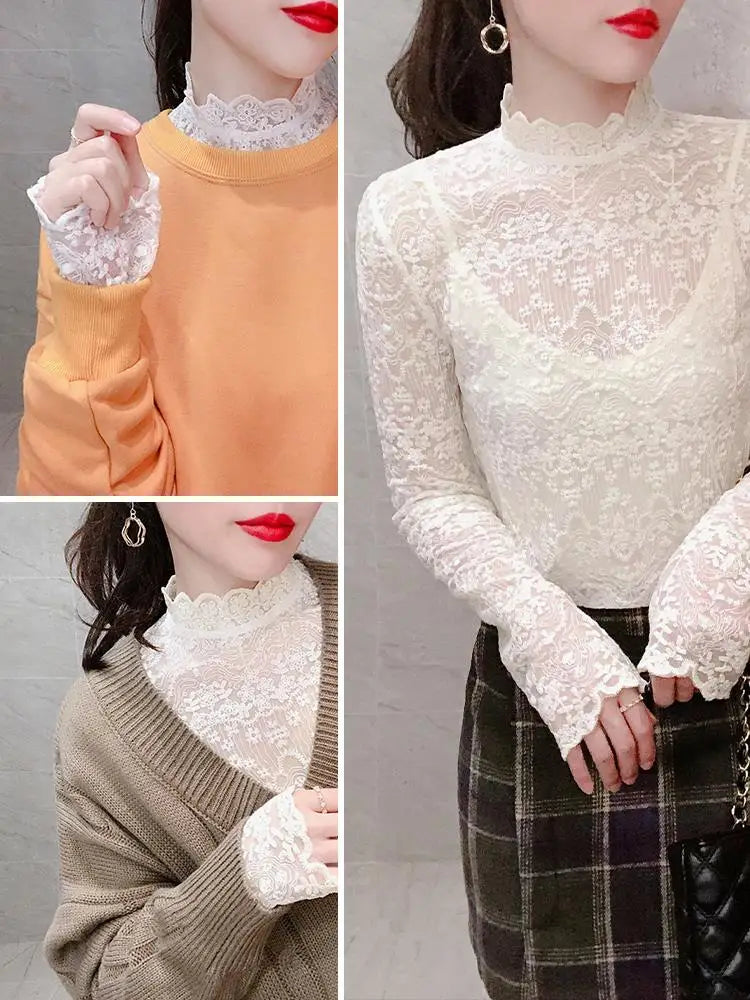 White Lace Base Shirt Women's Autumn Winter New Style Inner Hollow out Half High Collar Mesh Top Fashionable Korean Style Sli...