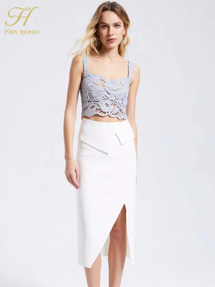 Halter Strapless Fashion V Collar Vintage Party Dresses Summer Hollow out Lace Splicing Sexy Sheath Pencil Dress