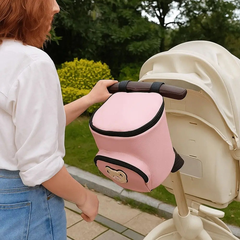 Portable Waterproof Baby Stroller Hanging Bag PU Leather Cartoon Bear Umbrella Cart Bags Large Capacity Storage Bag