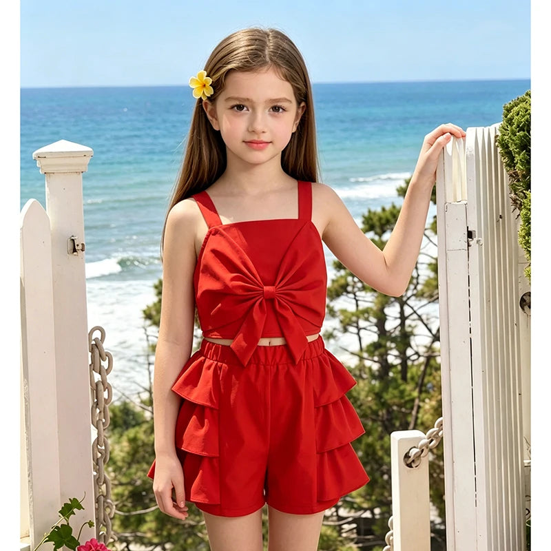 kids Clothing Sets For Girls Red Sleeveless Square Collar Ruffled Bowknot Elastic-Waist 8-12 Years Summer Fashion Sweet Style