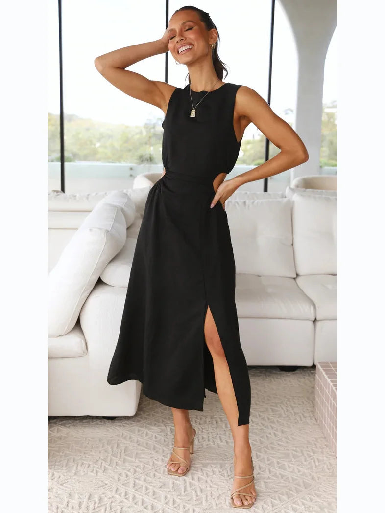 Sweet Style Women's Summer New Pure Color Waist-Cinching round Neck Fashion Dress Cleanfit A-line Skirt No-sleeve Cotton Dress