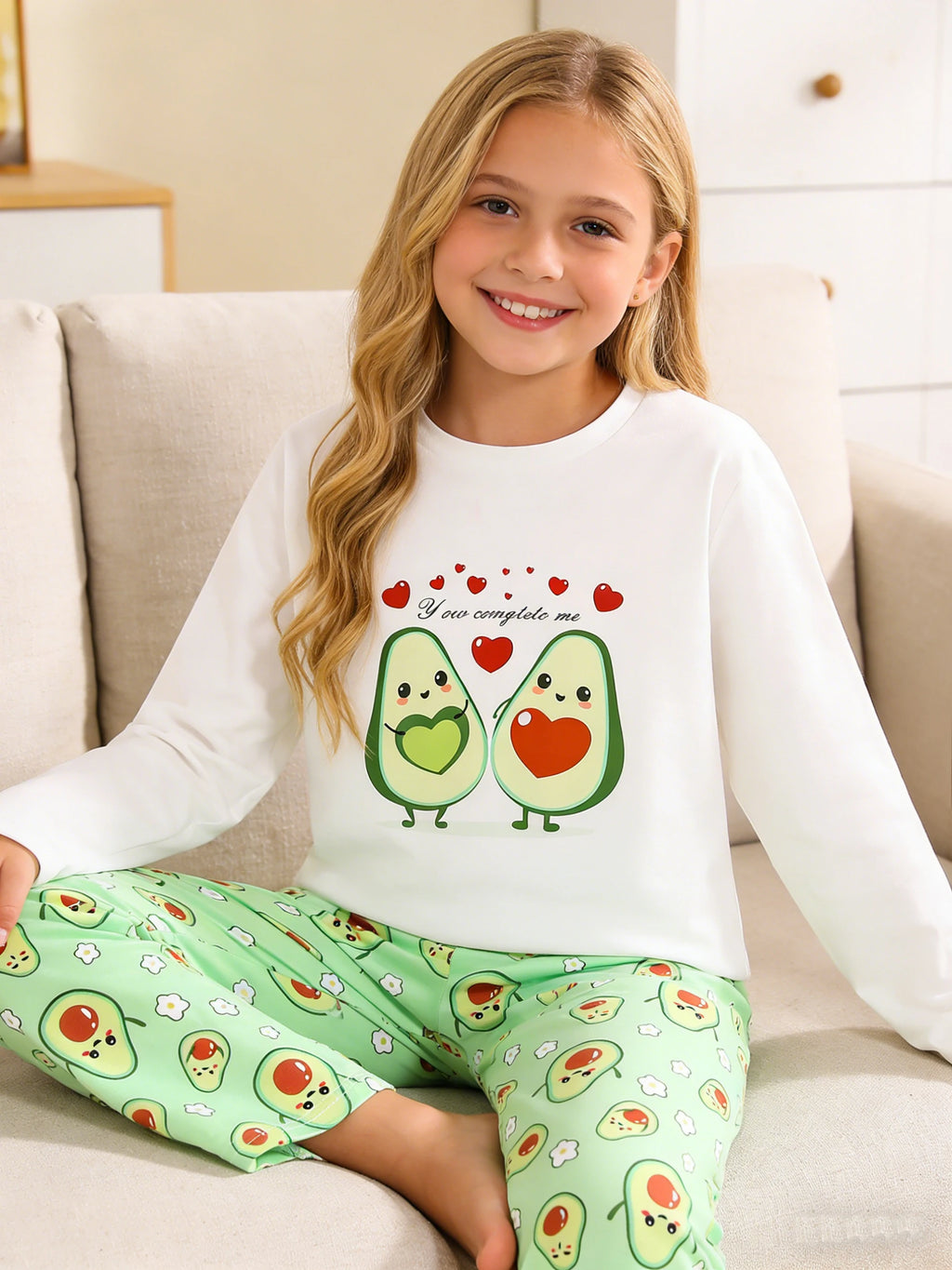 Girls' fashion home clothes set, children's spring and autumn avocado smile heart pajamas and pants, suitable for home wear