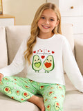Girls' fashion home clothes set, children's spring and autumn avocado smile heart pajamas and pants, suitable for home wear