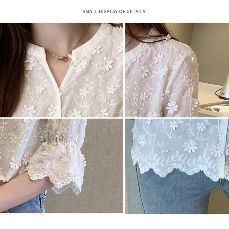 Summer Thin V-neck Women's Shirt Sweet Style Three-dimensional Flower Decoration Half Sleeved Blouse Lace Women's Tops 9638