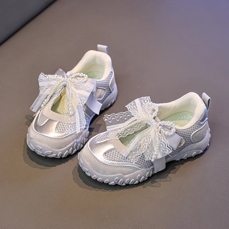 2026 Summer Kids Sport Sneakers for Girl Pearl Lace Mary Jane Flats Lightweight Non-Slip Back To School Children Running Sandals