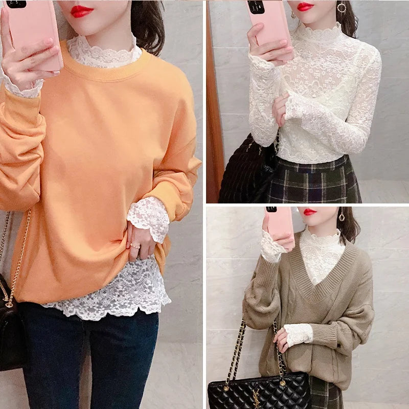 Lace Base Layer Shirt Women's Mid-Neck Thickened Half-High Neck Spring Autumn Winter Inner Wear Sweater Stylish New Model