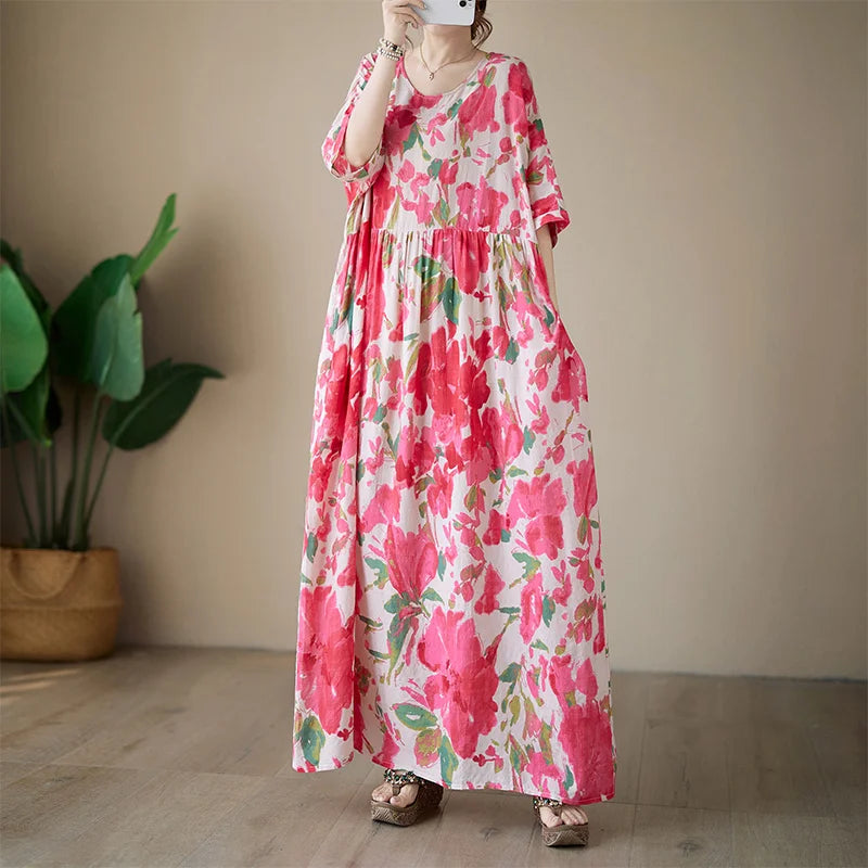 THHONE Vestidos Para Mujer Bohemian Print Maxi Long Dress for Women 2024 Floral Casual Cotton Linen Loose Vintage Robe Dresses