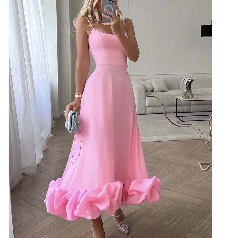 2026 Women Summer Sleeveless Sexy Long Party Dress Flower Hem Design High Waist Elegant Maxi Dress Vestidos Clothes