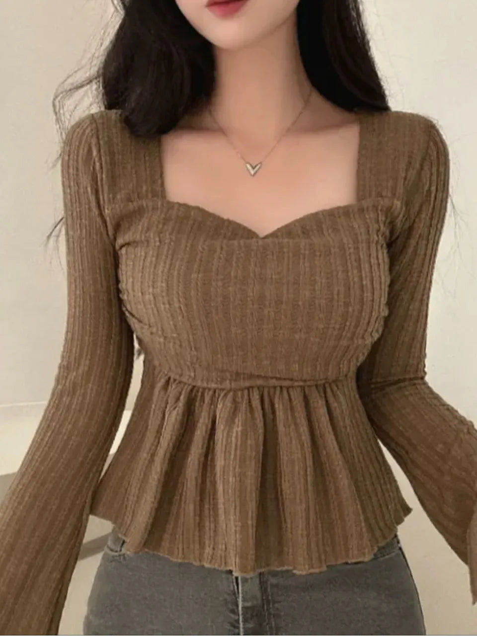 Chic Spring Knitted Top Women's Slim Fit Long Sleeve Bell Sleeve Square Collar T-Shirt Waist Cinching Flounce Hem Korean Style