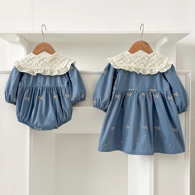 2024 New Autumn Sister Clothes Baby Girl Romper Kids Princess Dresses Long Sleeved Cotton Embroidery 2-6Yrs Girl Party Dress