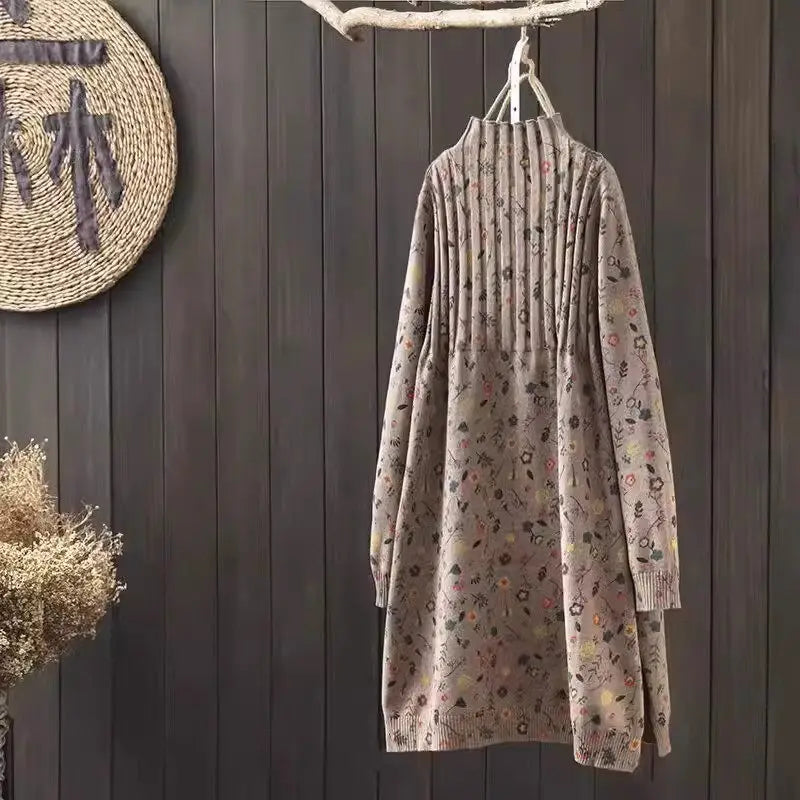 Retro Printed Half High Necked Sweater Dress 2026 Spring Autumn Mid Length Loose Oversized Pullover Bottom Knit Shirt Z4697