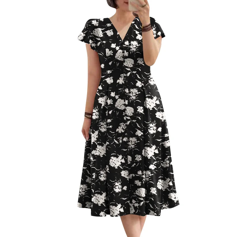 Bohemain Floral Dress ZANZEA Summer Holiday Vestidos Women Elegant V Neck Short Sleeve Sundress Fashion Casual Buttons Midi Robe