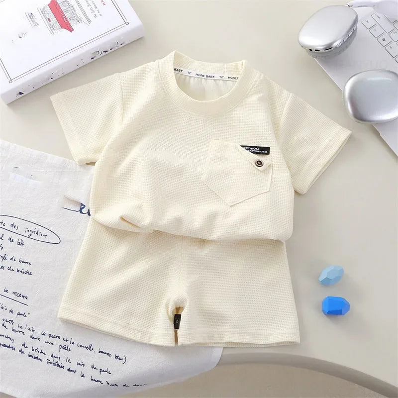 Children Clothing Summer Waffle Short Sleeved Outfits Fashion Boys Girls Casual Sports Shirt Suits Thin Solid Kids Top+pants Set