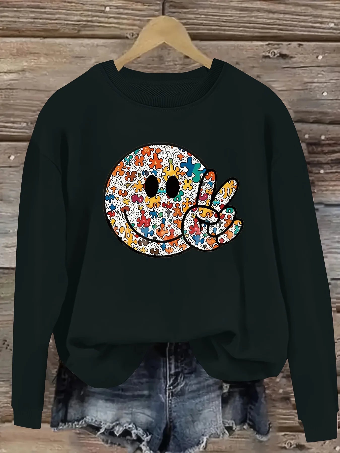 Women's autumn and winter casual, fashionable, loose, comfortable, warm, Paris pattern printed round neck long sleeved pullover