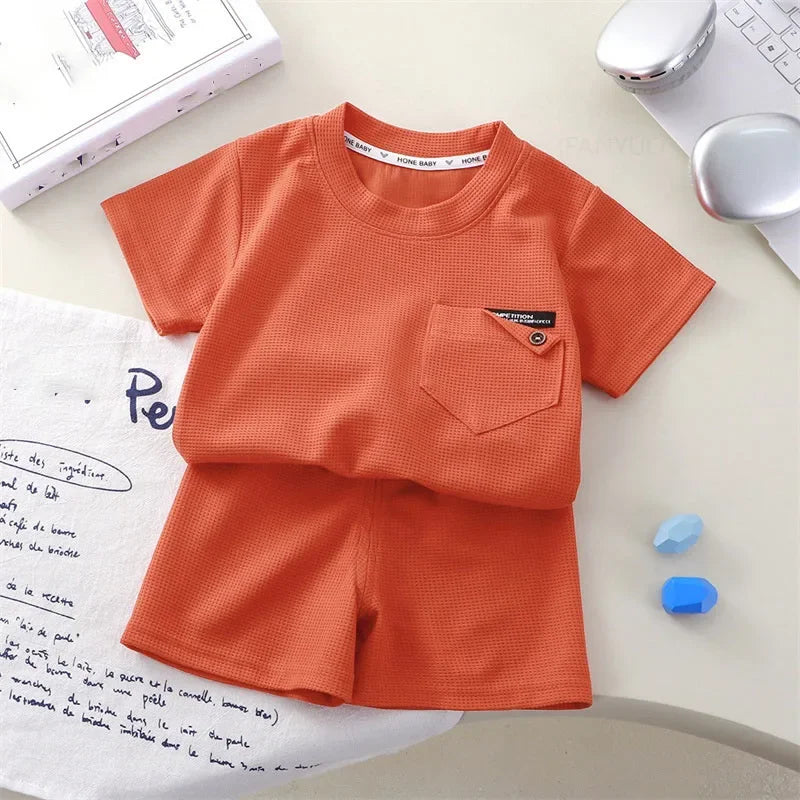 Children Clothing Summer Waffle Short Sleeved Outfits Fashion Boys Girls Casual Sports Shirt Suits Thin Solid Kids Top+pants Set
