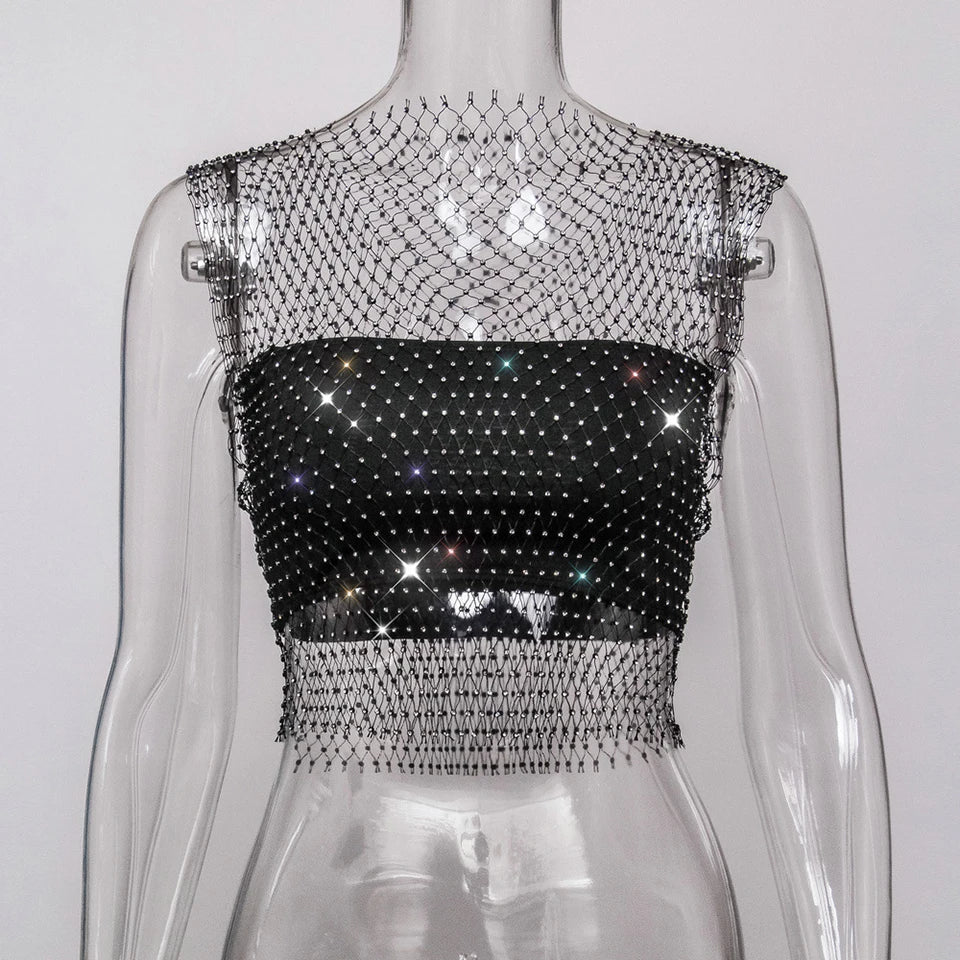 Women Sexy See Through Mesh Diamond Tank Tops Hollow Out Rhinestone Vest Beach Cover Up Crop Tops For Rave Festival Clubwear