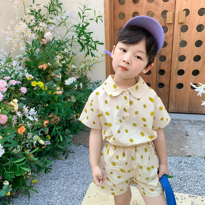 Summer Children Clothes Suit Floral Print Top And Shorts Casual Fashion Suit Kids Clothing For 2-6Y
