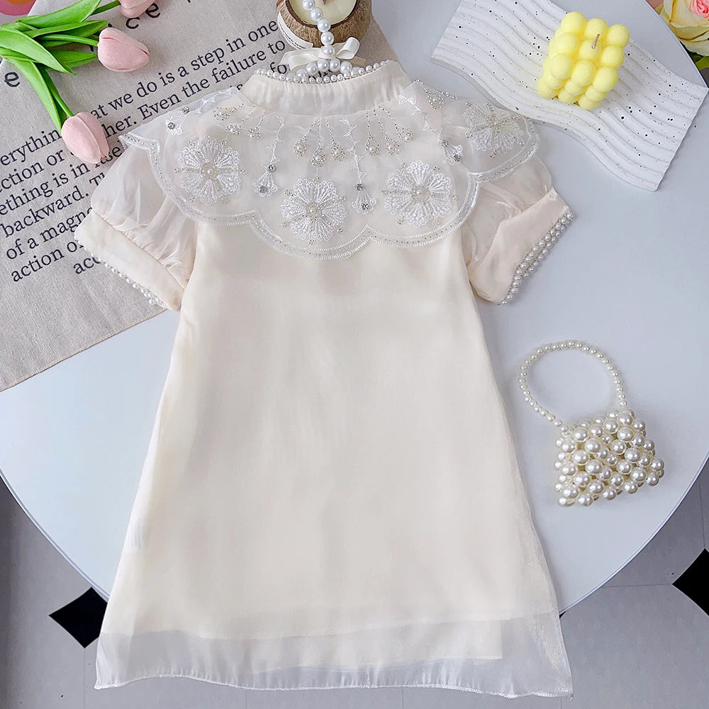 Bear Leader Summer Dress New Girls' Chinese Qipao Mesh Pearl Applique Dress Children's Kids Sweet Fashion Short Sleeve Dress