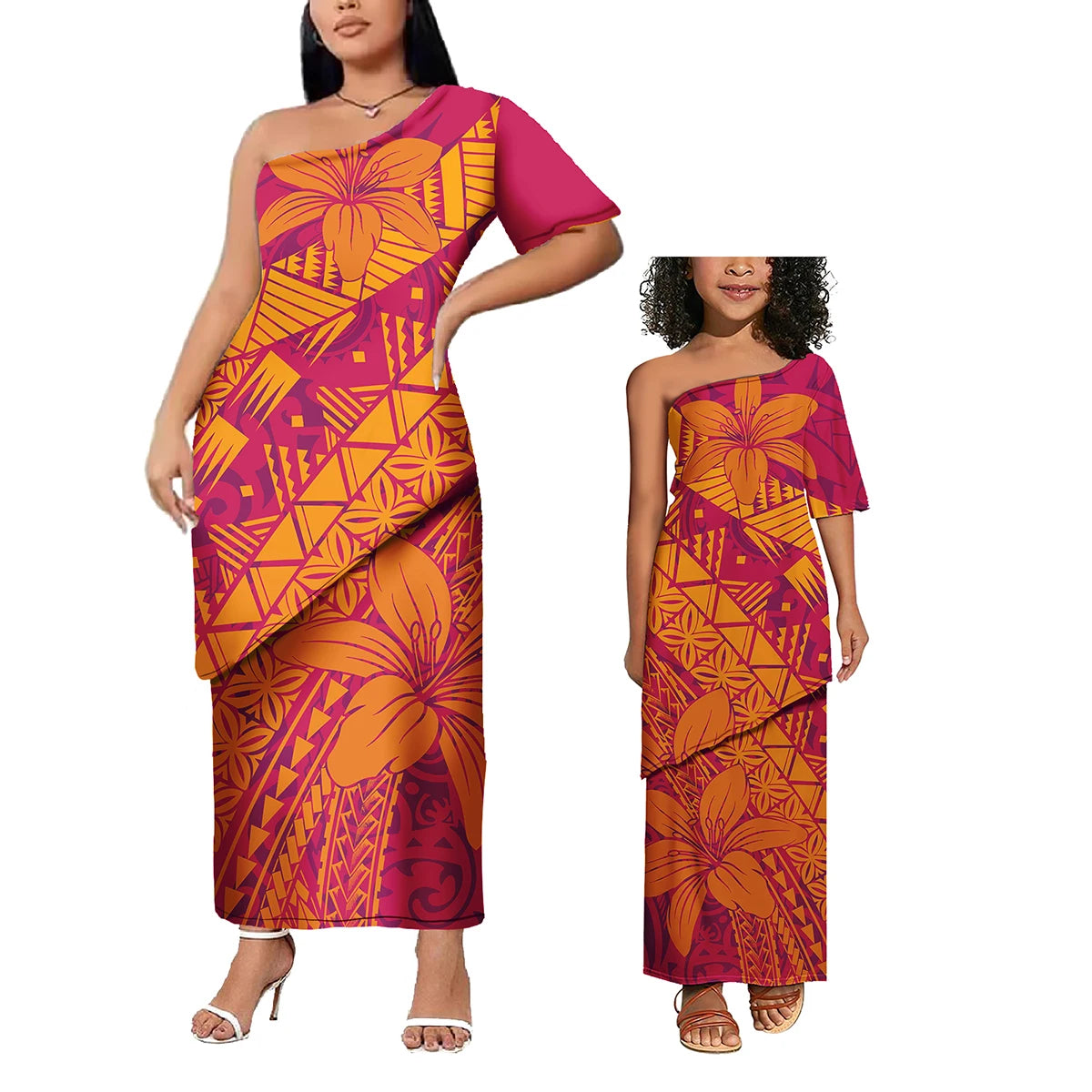 Low Price Wholesale Custom Polynesian Design Family Matching Clothing Two Piece Sets Samoan Puletasi Mommy And Me Dress