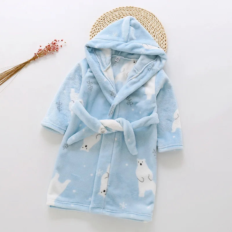 Thickened Warm Flannel Children's Bathrobe Boy Robe Homewear Cartoon Hooded Girls Pajamas Long-Sleeved Nightwear Kids Sleepwear