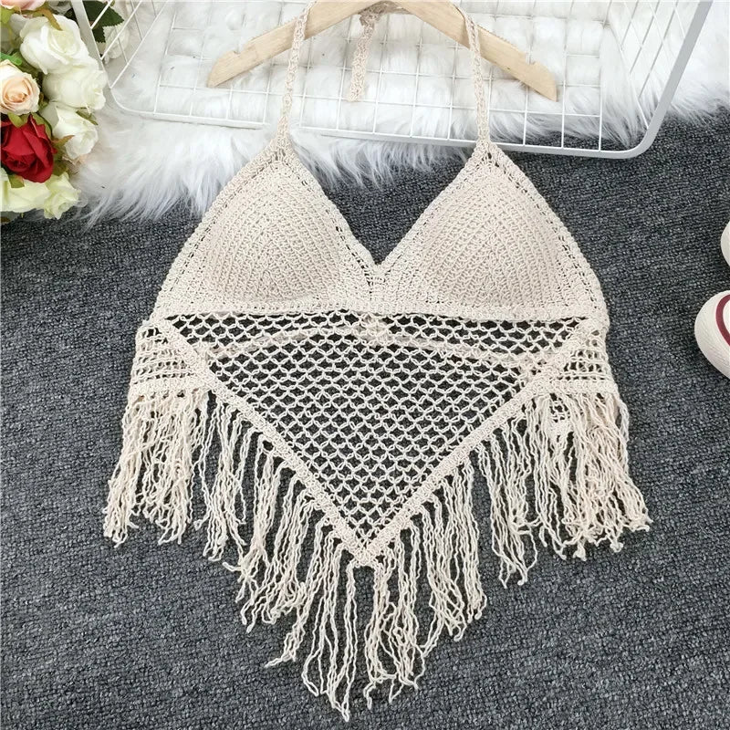 Crop Tops Retro Wild Hollow Perspective Tassel Sexy Spaghetti Strap Tanke Top Women Built In Bra 2021 New Back Lace Halter Neck