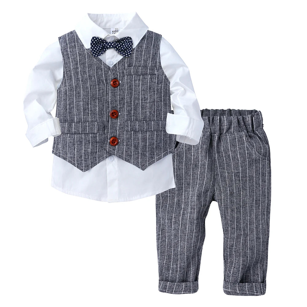 2026 Baby Boy Gentleman Suit Toddler Bow Tie White Shirt Vest+Pants Stripe Sets 3Pcs Formal Birthday Wedding Kids Party Clothes