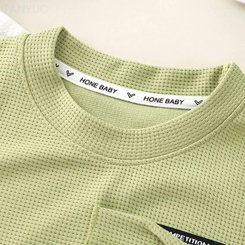 Children Clothing Summer Waffle Short Sleeved Outfits Fashion Boys Girls Casual Sports Shirt Suits Thin Solid Kids Top+pants Set