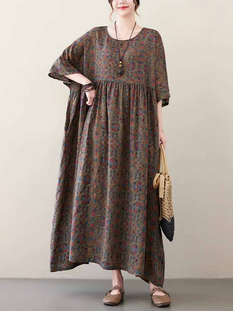 Cotton Short Sleeve Purple Print Vintage Long Dresses For Women 2026 Summer Casual Loose Dress Femme Vestidos Elegant Clothing