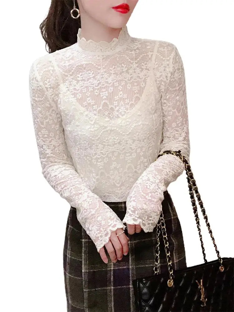 White Lace Base Shirt Women's Autumn Winter New Style Inner Hollow out Half High Collar Mesh Top Fashionable Korean Style Sli...