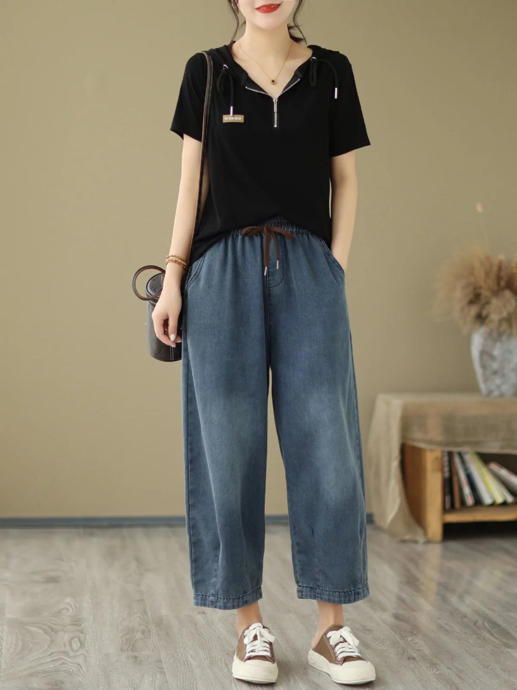 High Waist Straight Leg Jeans Women's Loose Casual Nine-Tenths Harlan Pants Elastic Waist Vintage Style Summer Thin Jeans