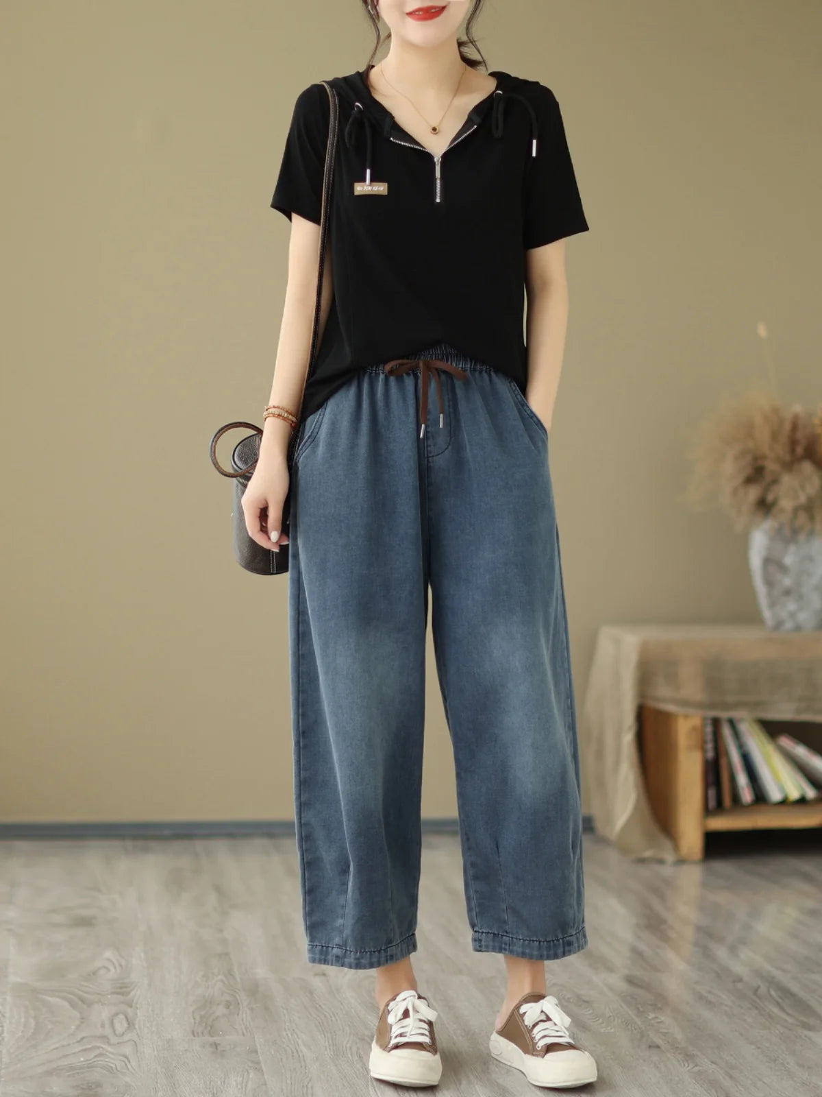 High Waist Straight Leg Jeans Women's Loose Casual Nine-Tenths Harlan Pants Elastic Waist Vintage Style Summer Thin Jeans