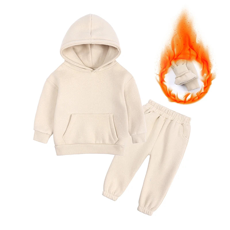 2026 Winter Children Fleece Outfits Toddler Warm Thicken Cotton Soild Hoodies+Pants Tracksuit Kids Boy Girl Sweatsuits Sets