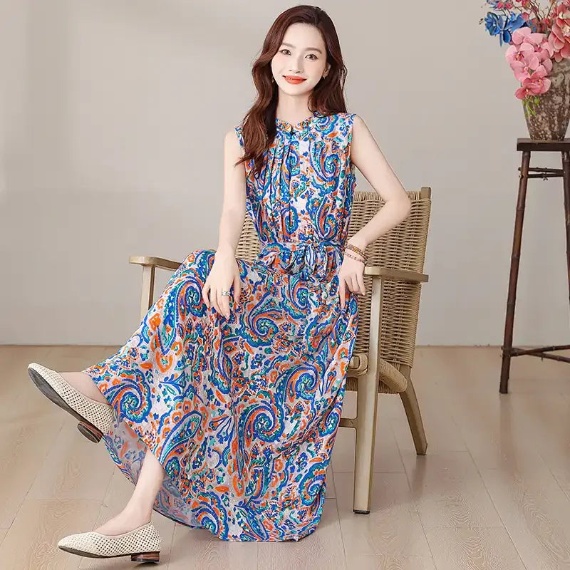 Summer Women's Ink Wash Floral Print Maxi Dress Sleeveless Stand Collar Tie Waist Casual Long Dress