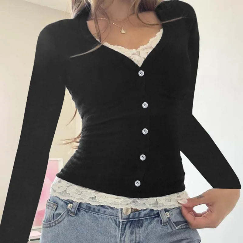 French Pure Color Lace Splice Slim Fit Long Sleeve Short T-Shirt Sexy Fake Two-Piece Top for Women