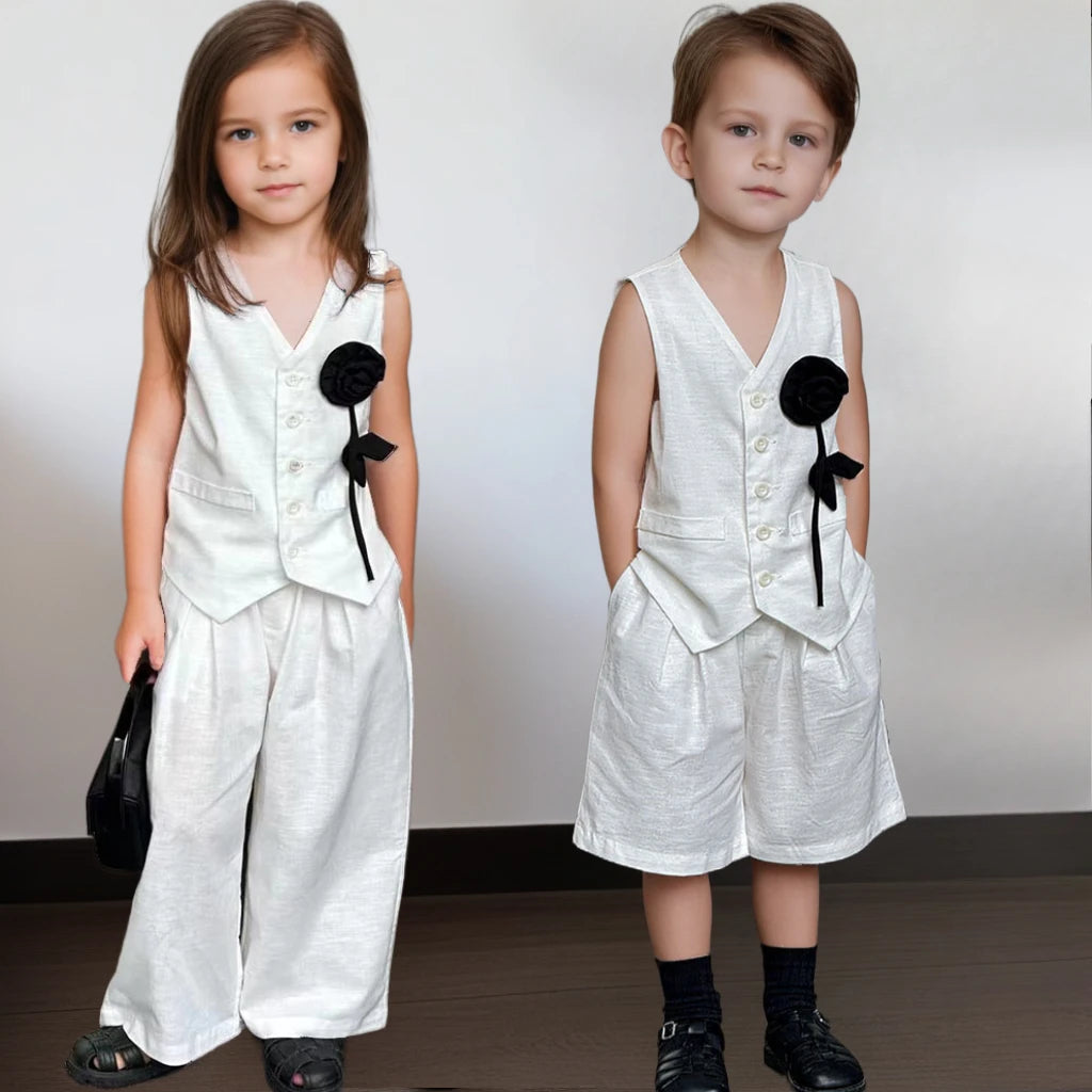 Kids White Vest Set Boys Girls Floral Decor V-Neck Waistcoat Shorts Pants Toddler Summer Formal Party Gentleman Casual Outfit