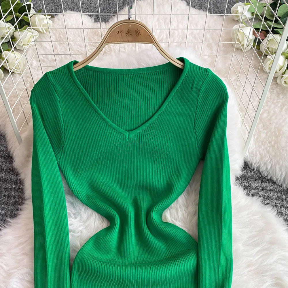 2026 New Basic Fashion Women Elastic Solid Elegant V Neck Sweater Dress Long Sleeve Ladies Side Open Midi Long Dress