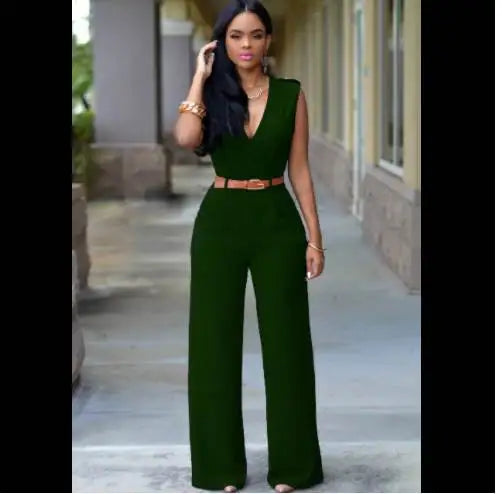 Summer Women's Jumpsuit Wide Leg Pants V-Neck One-Piece Suit with Belt Casual Fashionable Ladies' All-In-One Clothing