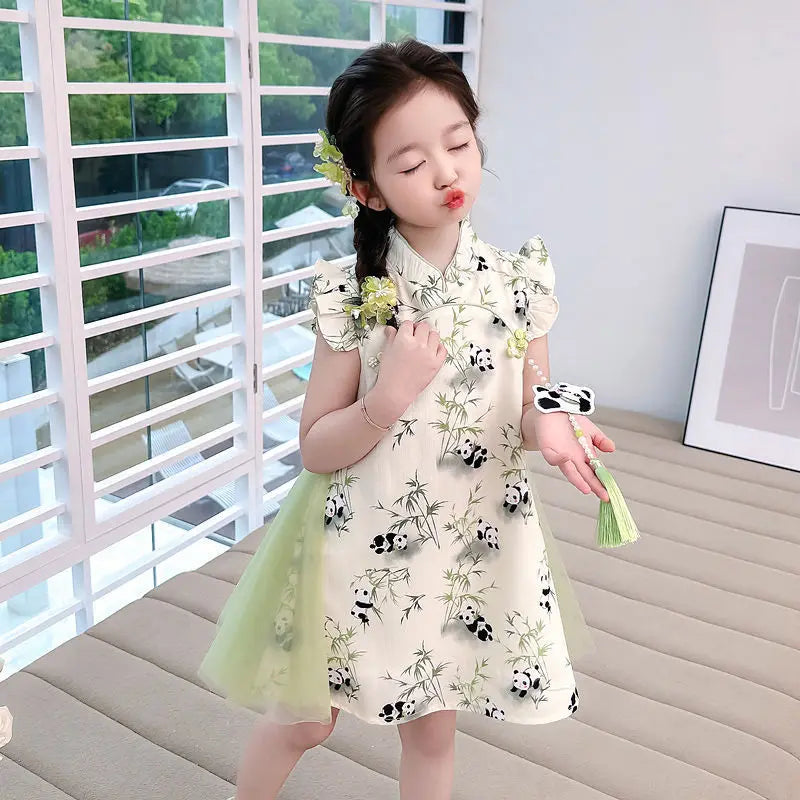 2026 Chinese summer panda girls Clothes retro teens lace hanfu qipao mesh Child Princess flower Dress 5 6 7 8 9 10 12 new year