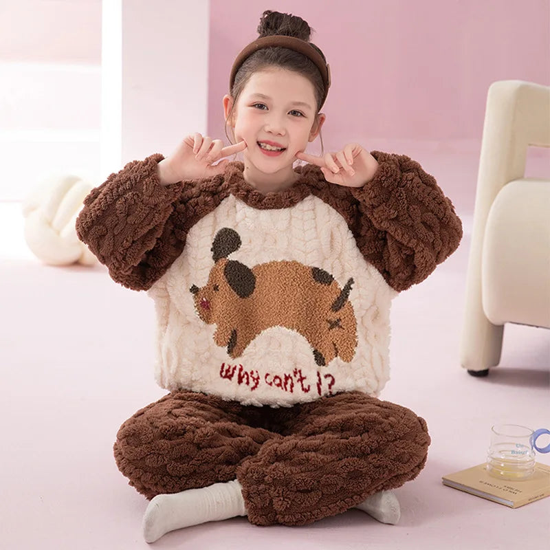 Flannel Pajamas For Boy Flannel Warm Pyjamas Kids Thicken Cartoon Teens Sleepwear Cute Big Boys Girls Night Clothes 10 12 14 16Y