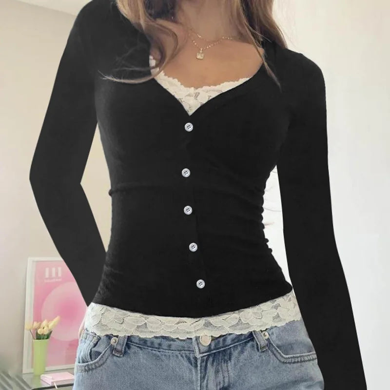 French Pure Color Lace Splice Slim Fit Long Sleeve Short T-Shirt Sexy Fake Two-Piece Top for Women
