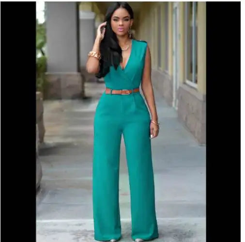 Summer Women's Jumpsuit Wide Leg Pants V-Neck One-Piece Suit with Belt Casual Fashionable Ladies' All-In-One Clothing