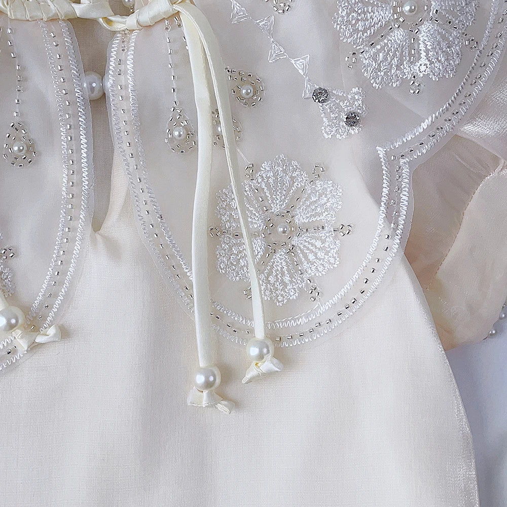 Bear Leader Summer Dress New Girls' Chinese Qipao Mesh Pearl Applique Dress Children's Kids Sweet Fashion Short Sleeve Dress