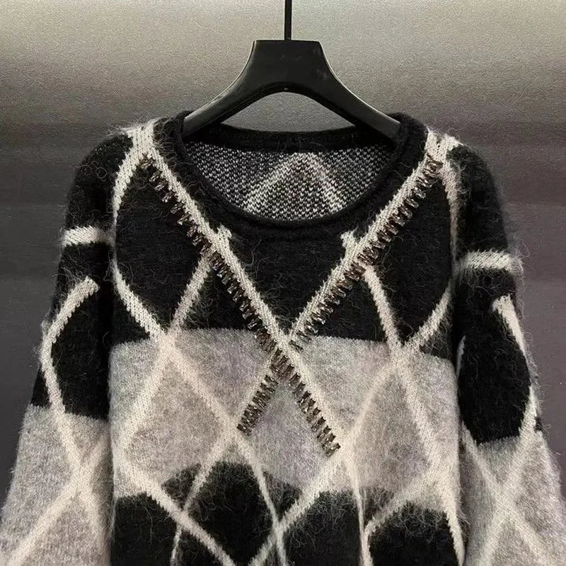 Fashion Color Matching Rhombus Square Knitting Bottoming Shirt Women New Classic Long Sleeve O-collar Loose Sweaters Lady Top