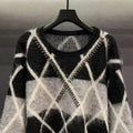 Fashion Color Matching Rhombus Square Knitting Bottoming Shirt Women New Classic Long Sleeve O-collar Loose Sweaters Lady Top