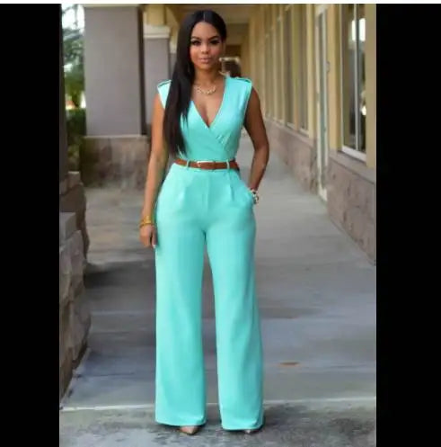 Summer Women's Jumpsuit Wide Leg Pants V-Neck One-Piece Suit with Belt Casual Fashionable Ladies' All-In-One Clothing