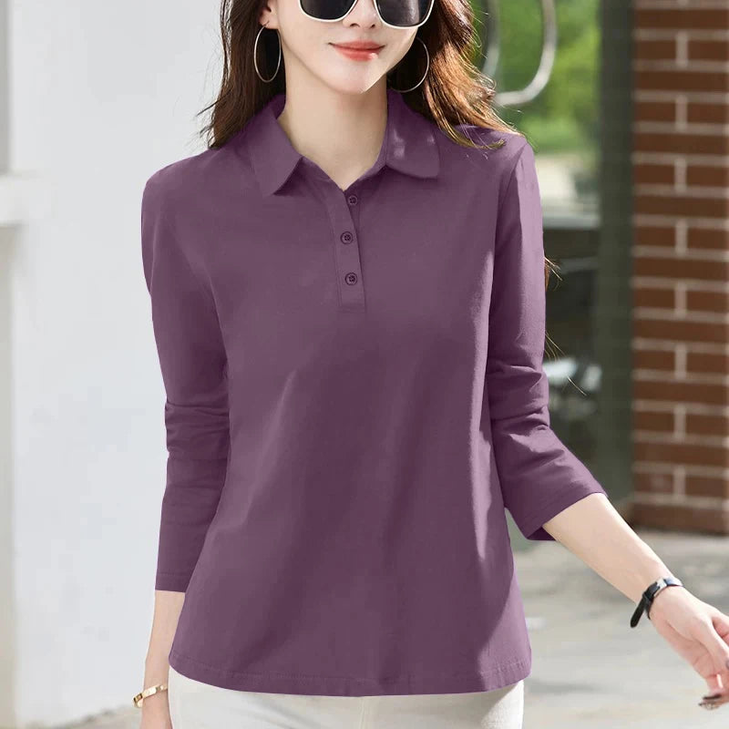Women's  irt Long Sve T-irt Pure Cotton Loose Fit Autumn New Sle Versatile Turn-down Collar Base Top