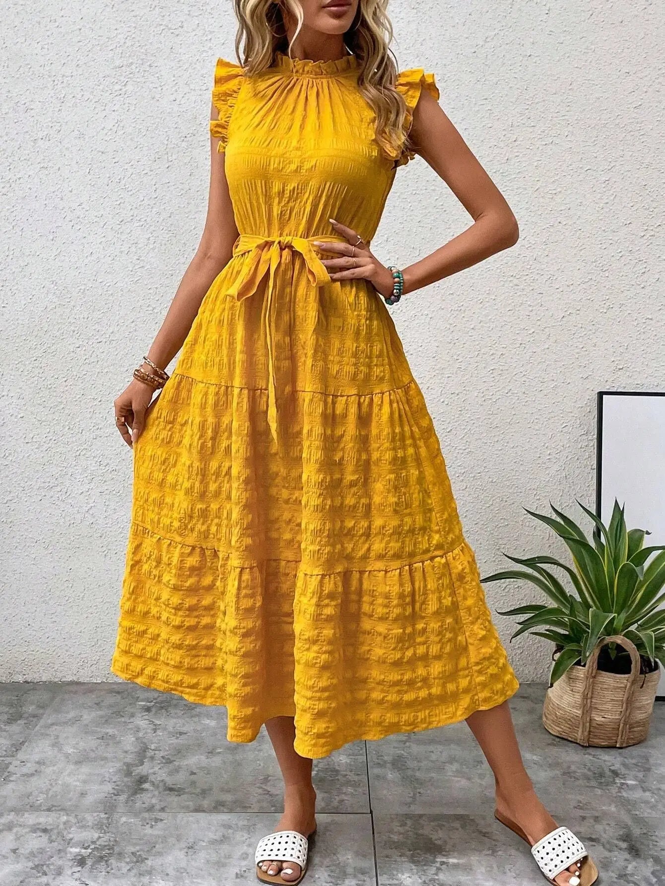 Fashion Women's Vintage Solid Ruffles Flying Sleeves Fresh And Sweet Midi Dress Summer Casual Lace Up Texture Womens Long Dress
