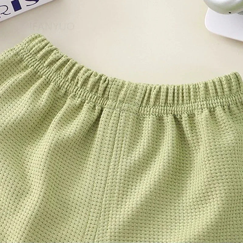 Children Clothing Summer Waffle Short Sleeved Outfits Fashion Boys Girls Casual Sports Shirt Suits Thin Solid Kids Top+pants Set