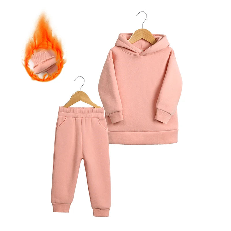 2026 Winter Children Fleece Outfits Toddler Warm Thicken Cotton Soild Hoodies+Pants Tracksuit Kids Boy Girl Sweatsuits Sets