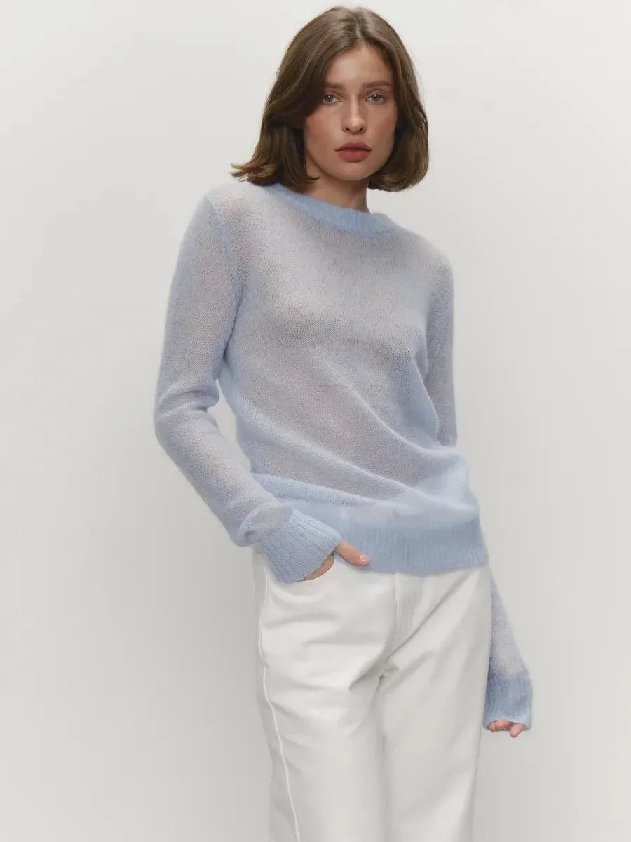 Blubelle Women's Elegant Slim Fit Sweater Summer Autumn Jumpers Casual Chic Round Neck Long Sleeved Fashion Loose Pullovers